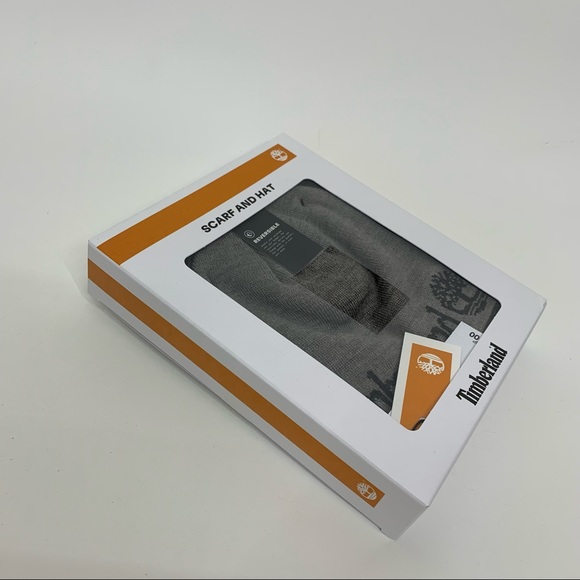Timberland Gray Matching Beanie Hat & Scarf Set Spellout Brand New In Box Nwt - Picture 3 of 7